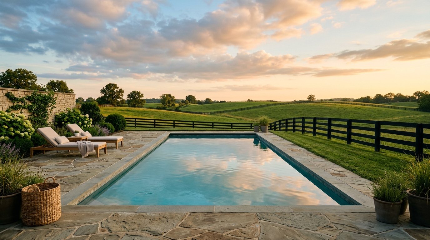 In-ground pool with flagstone deck against Kentucky pasture and summer sky