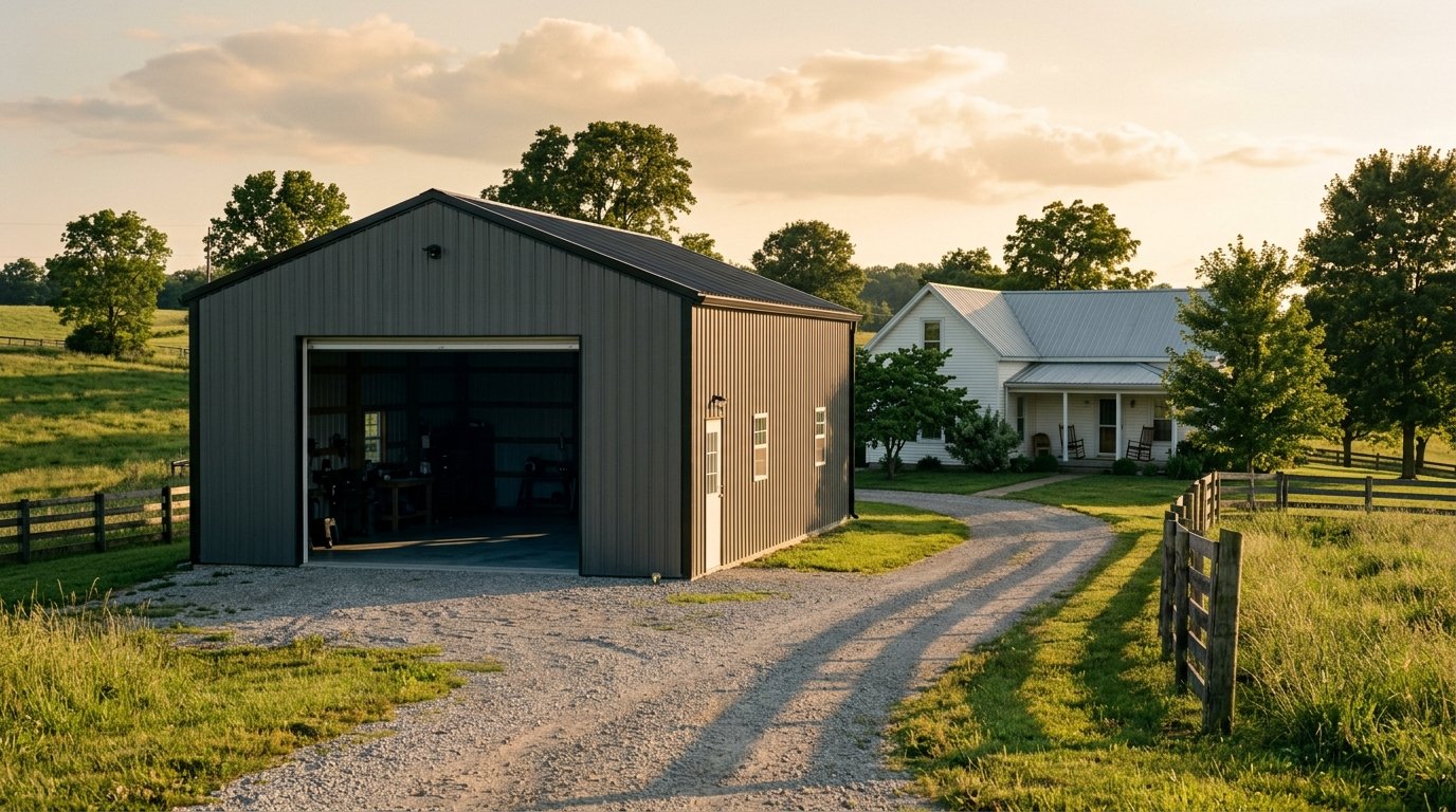 Metal workshop with tall roll-up door beside a Kentucky farmhouse at evening