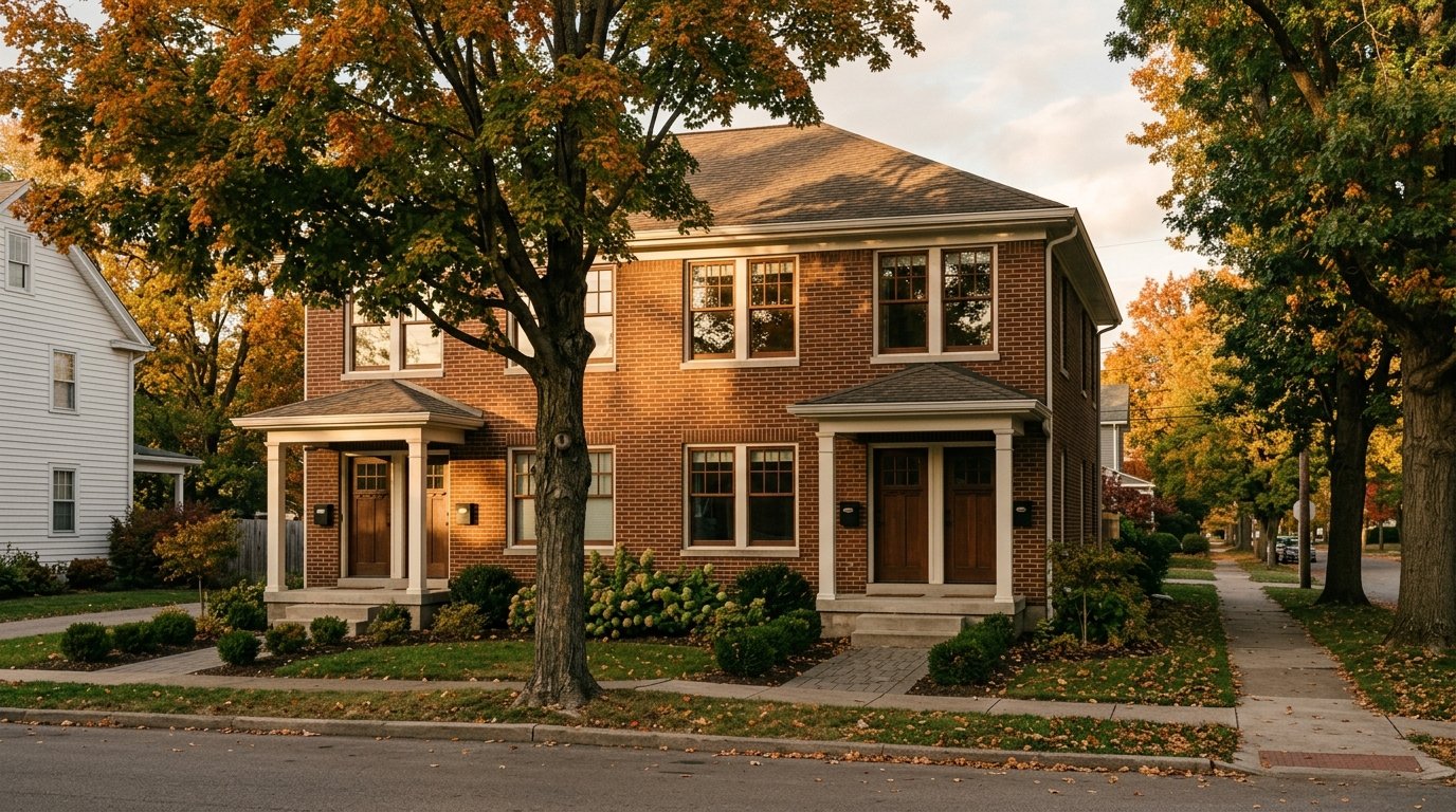 Brick duplex with twin porches on a tree-lined Kentucky street