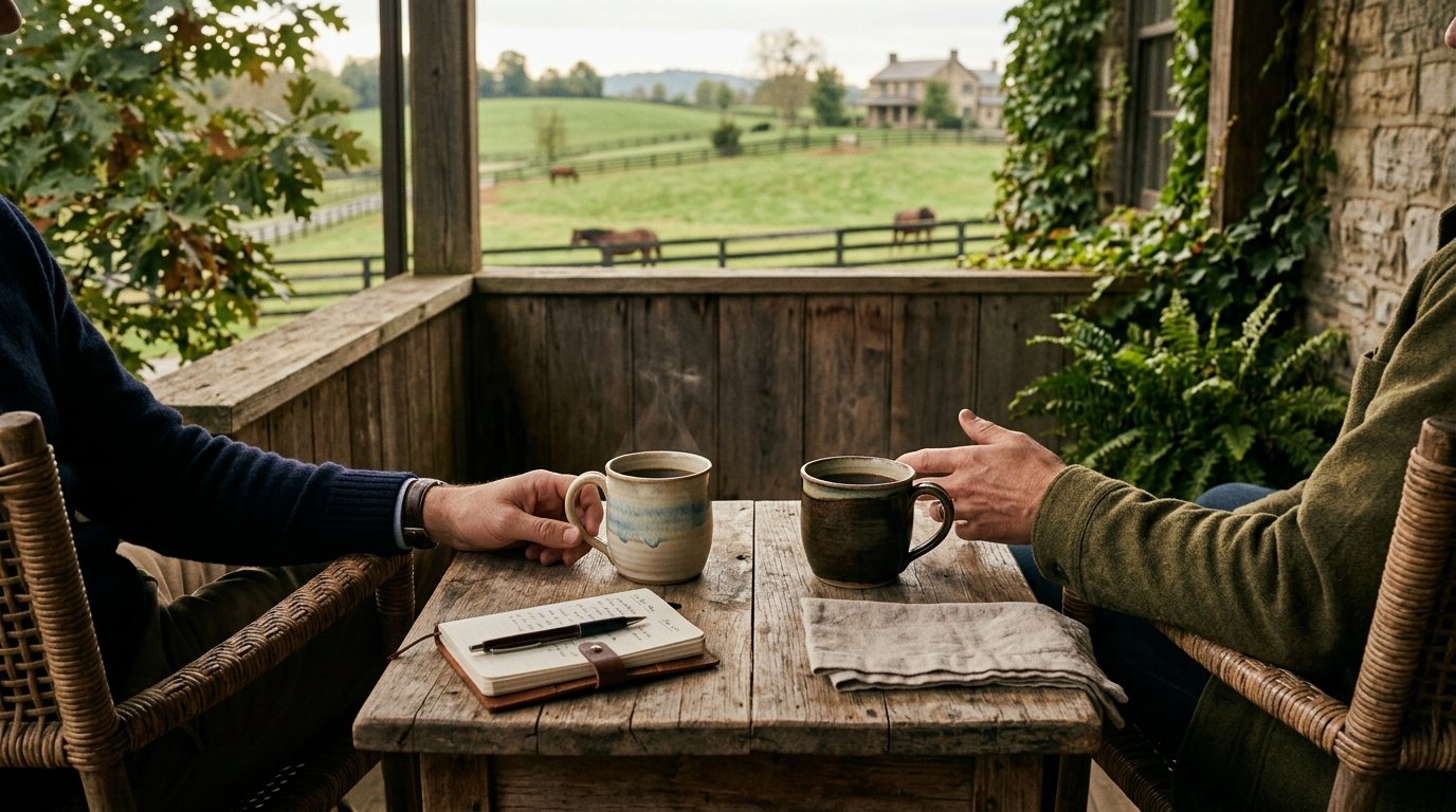 Two coffee cups across a Kentucky porch table