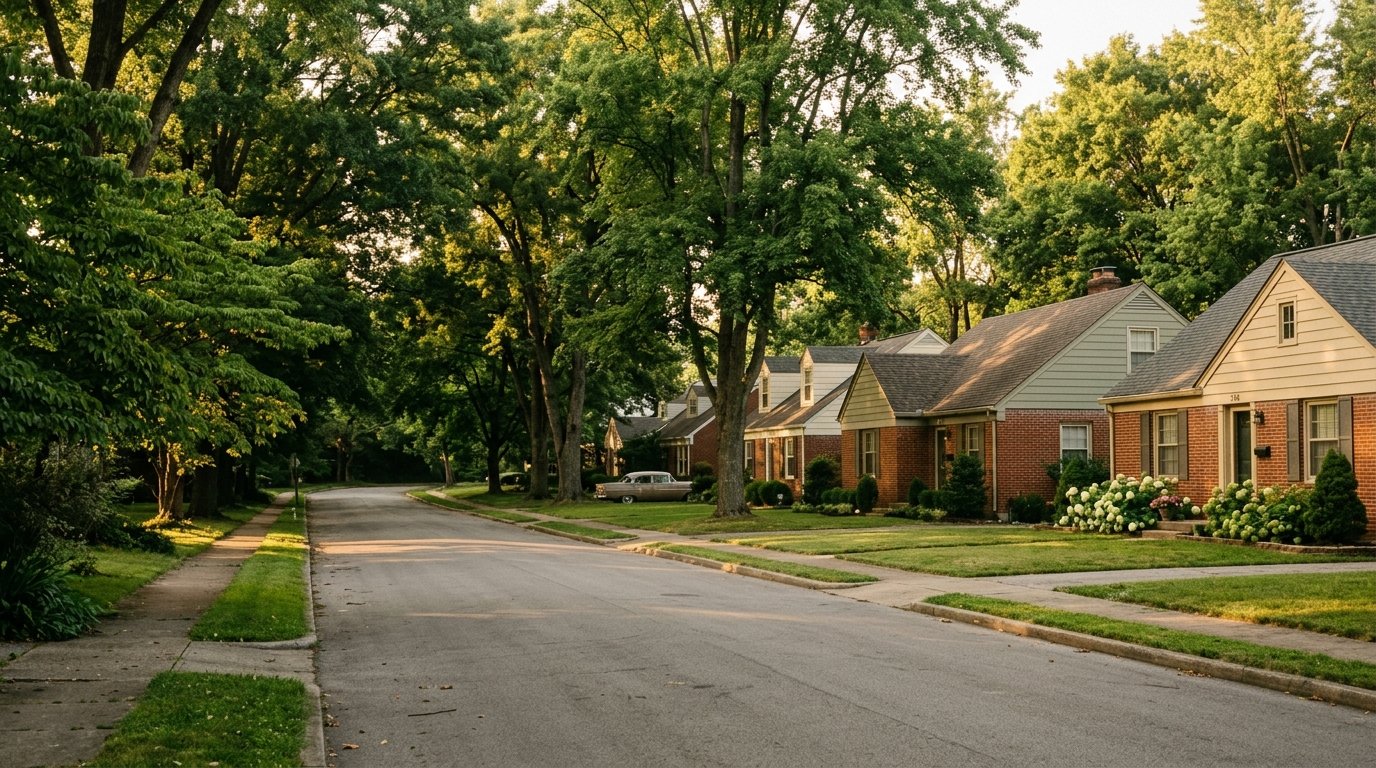 Mature tree canopy over solid mid-century brick homes on an Idle Hour street in east Lexington