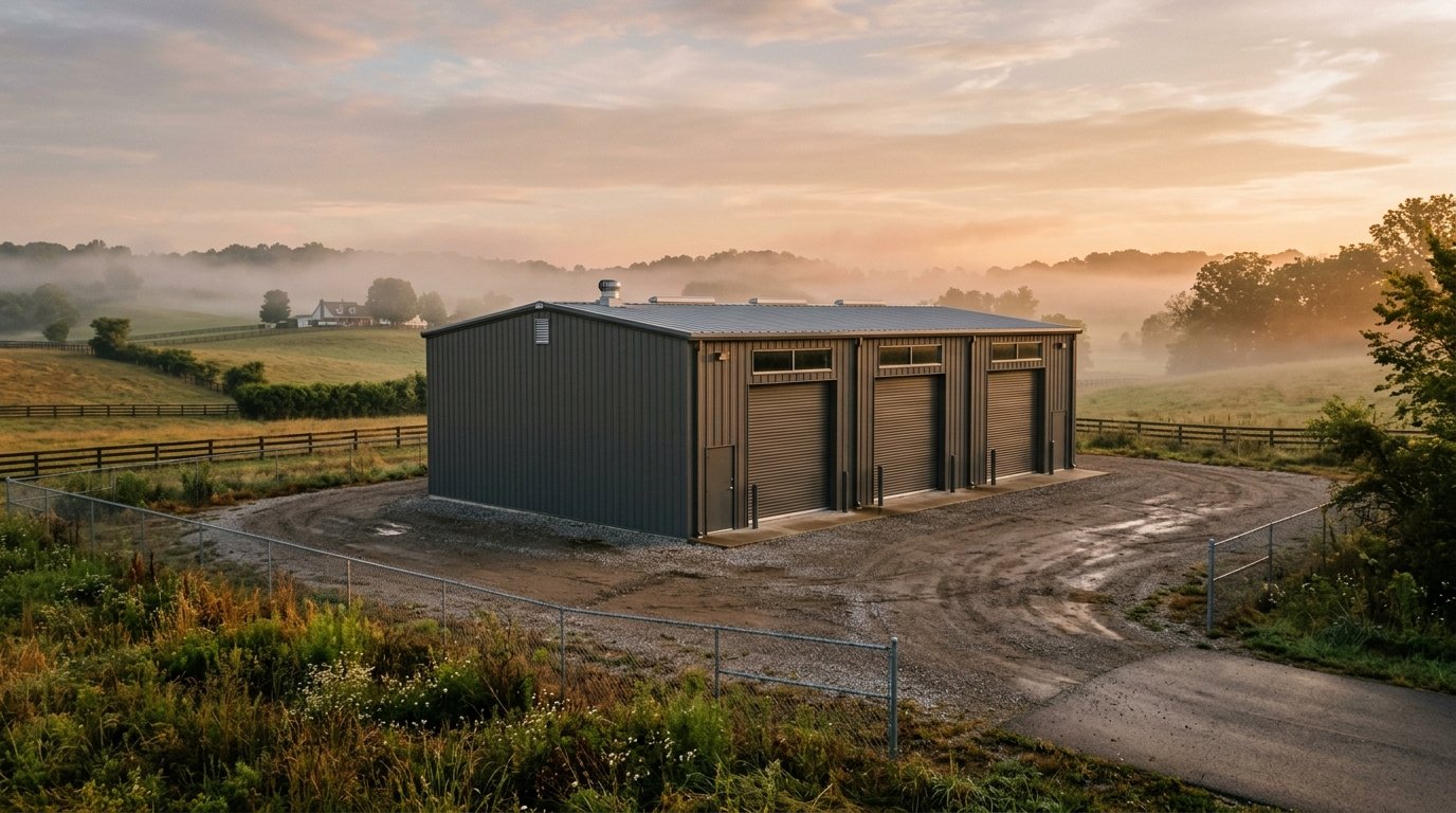 Steel flex warehouse with roll-up doors on a Kentucky gravel lot at dawn