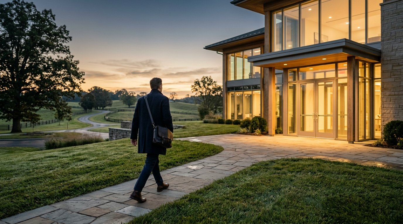 Professional walking toward a bright modern office entrance