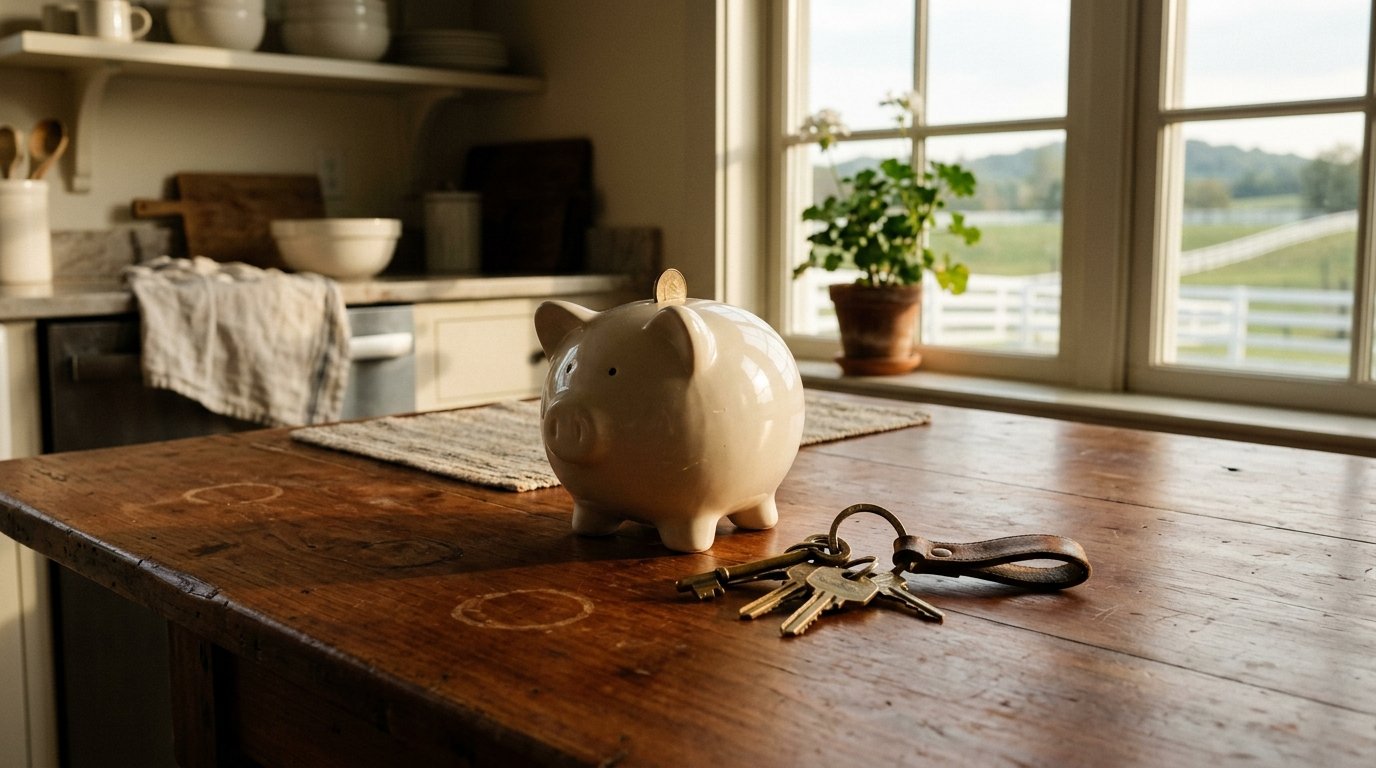 piggy bank and keys on a sunny kitchen table