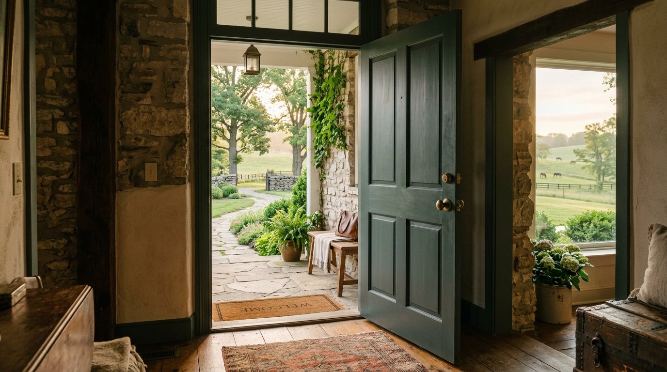 Front door of a Kentucky home opening onto morning light