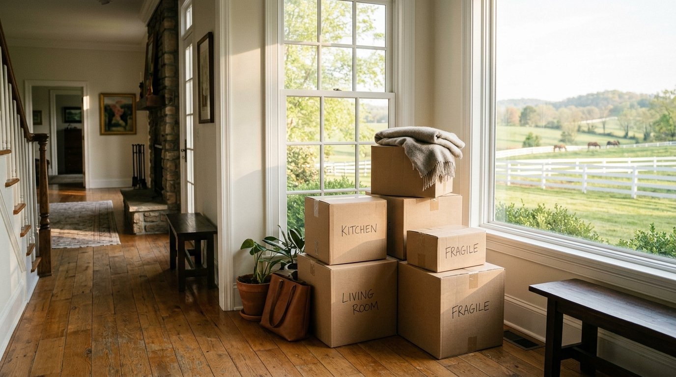 Moving boxes by a sunny front window of a Kentucky home