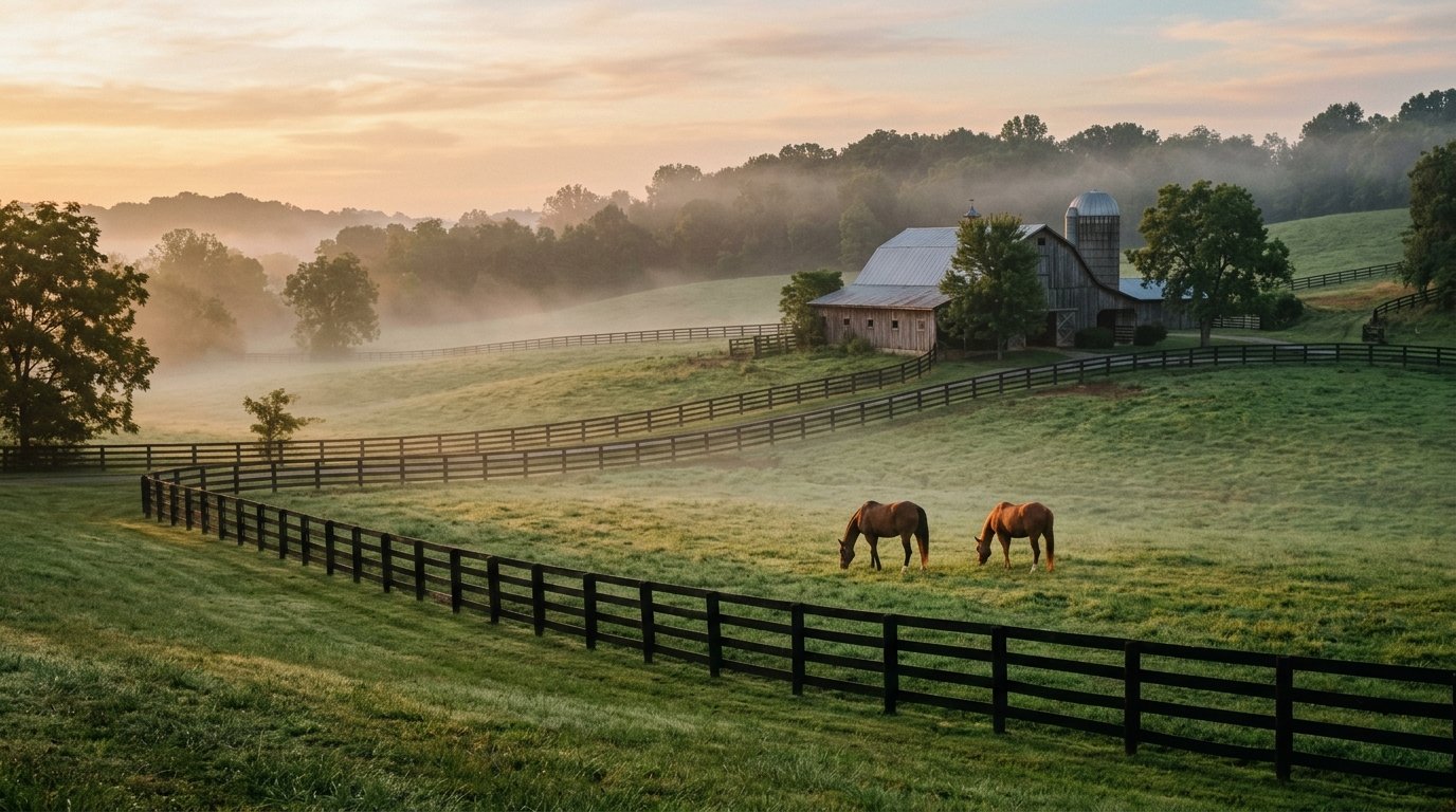 Small-acreage Kentucky horse farm with plank fencing at dawn