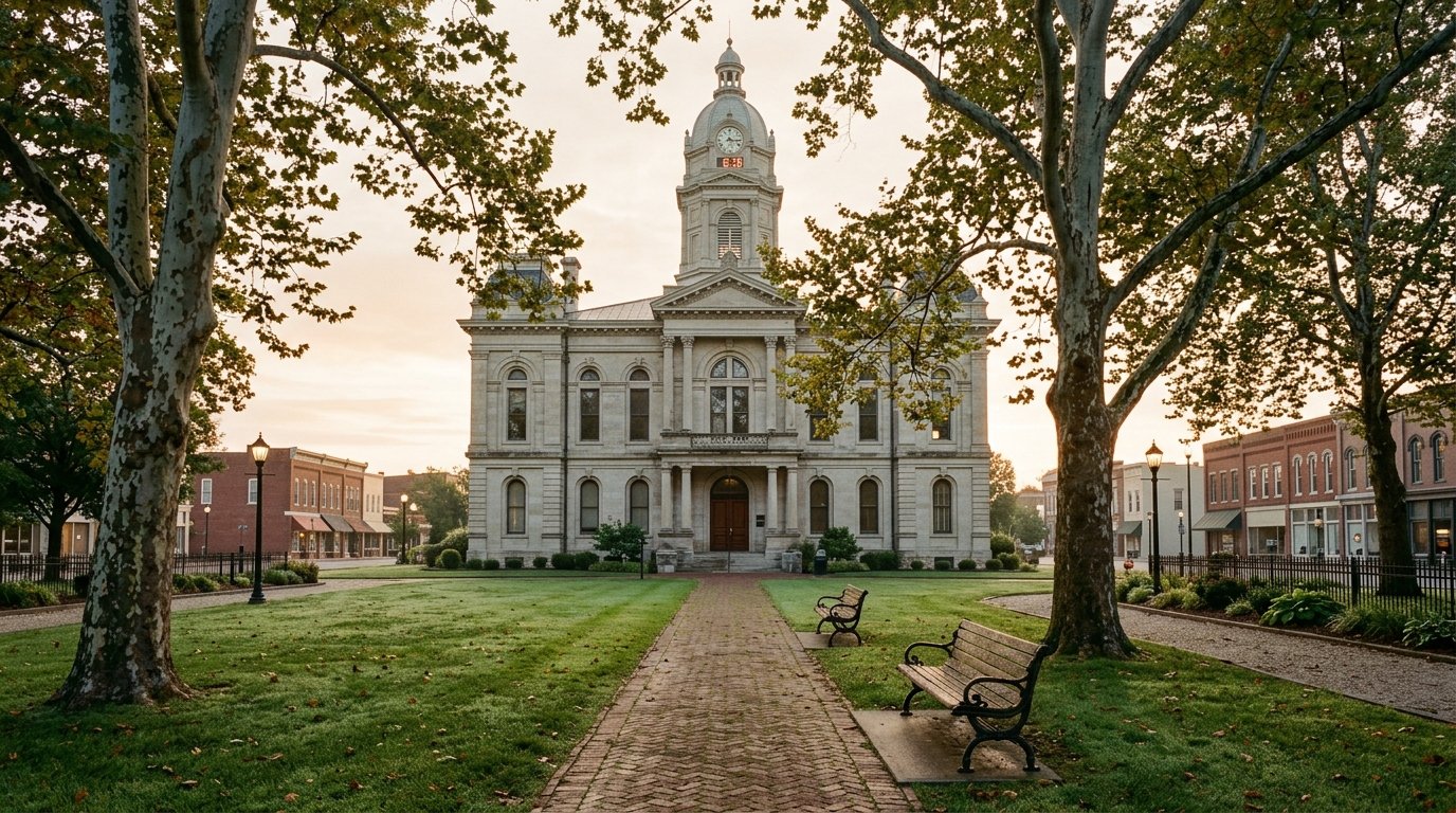Limestone county courthouse and square in a Kentucky town at morning