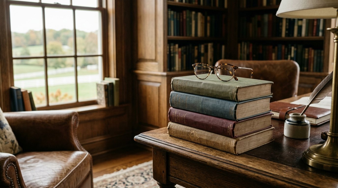 Stack of hardbound books and reading glasses in a study