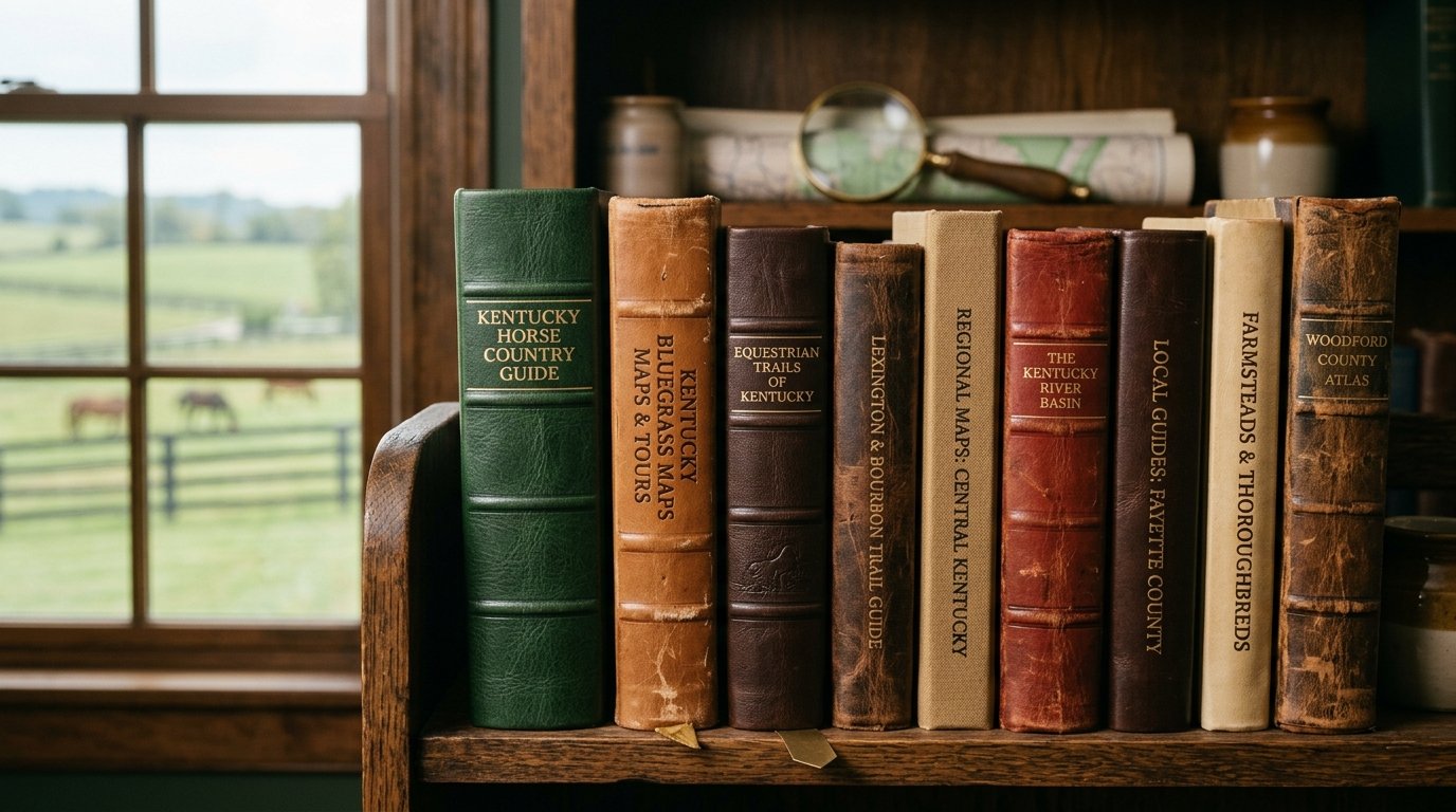 Row of leather-bound guides and maps on a Kentucky study shelf