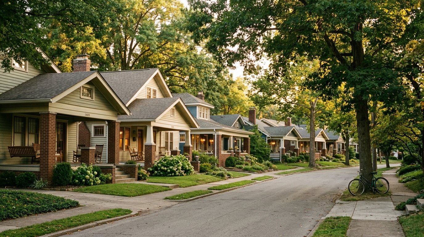 Tree-canopied street of 1920s bungalows with deep front porches in Kenwick, Lexington