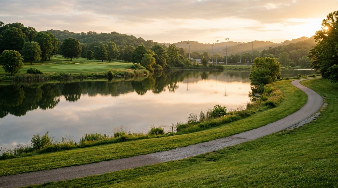 Calm morning at Lake Reba park with walking path, ballfields, and fairway in the distance