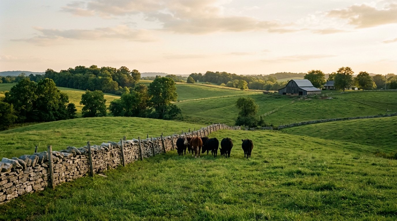 Rolling Kentucky farmland with stone fence