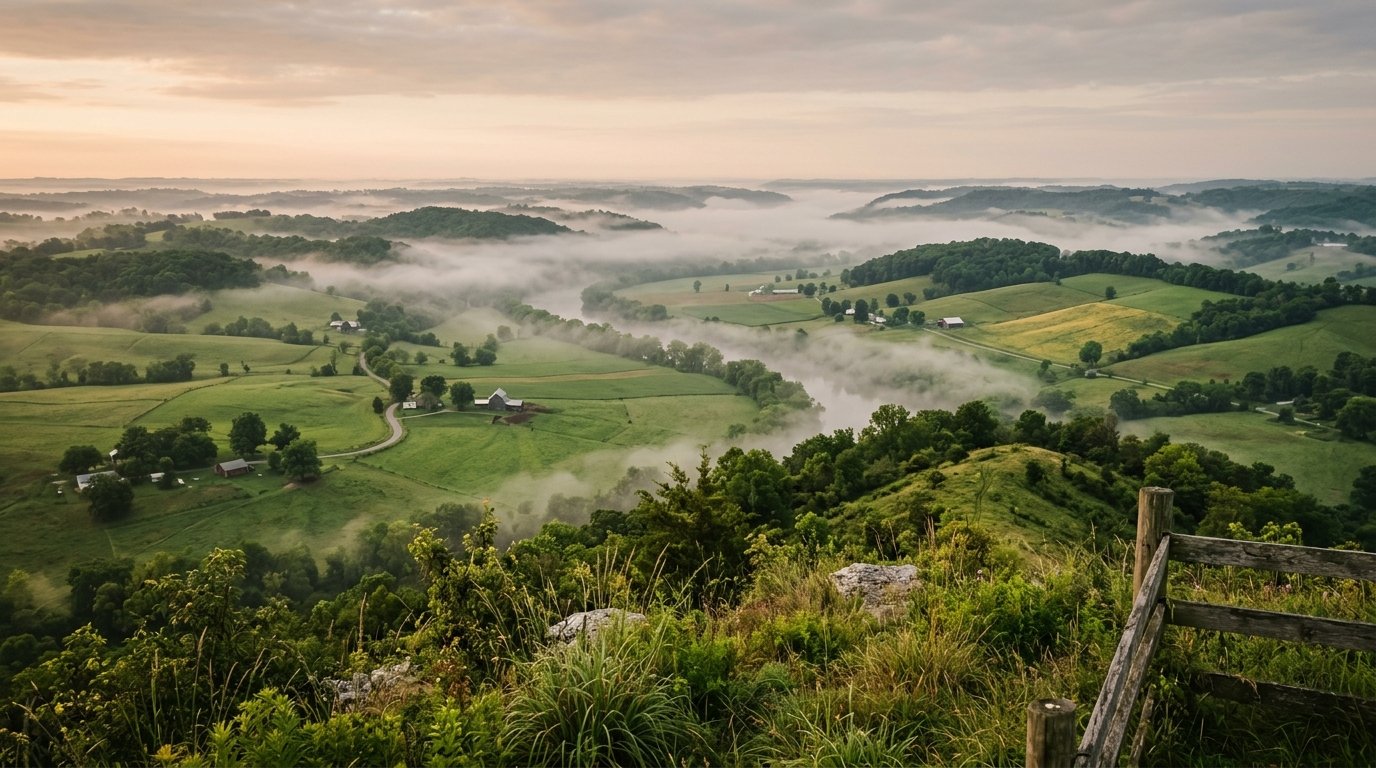 Green Kentucky river valley farmland from a ridge