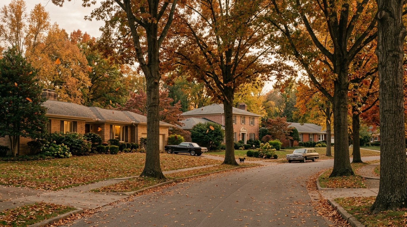 Mature oak canopy over brick mid-century homes in south Lexington in autumn