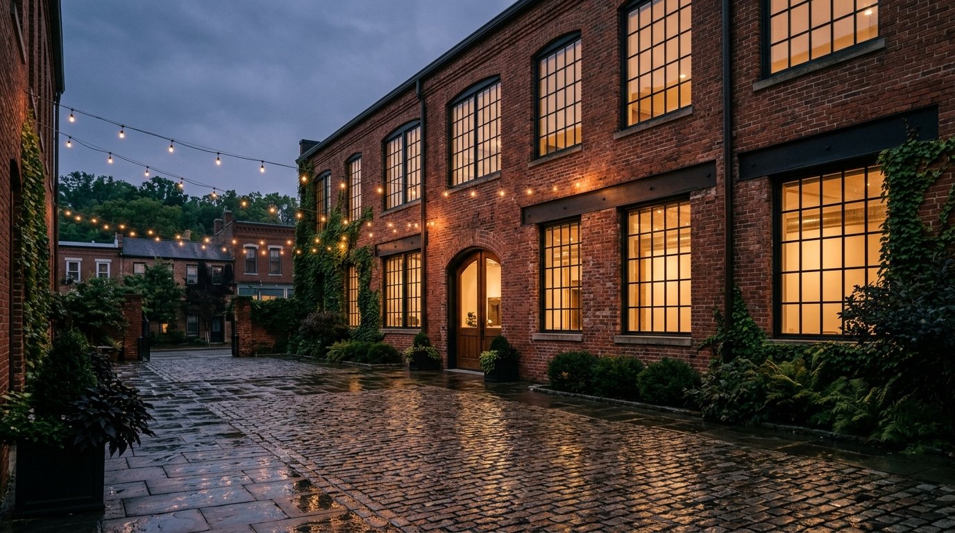 Renovated brick loft building glowing at dusk