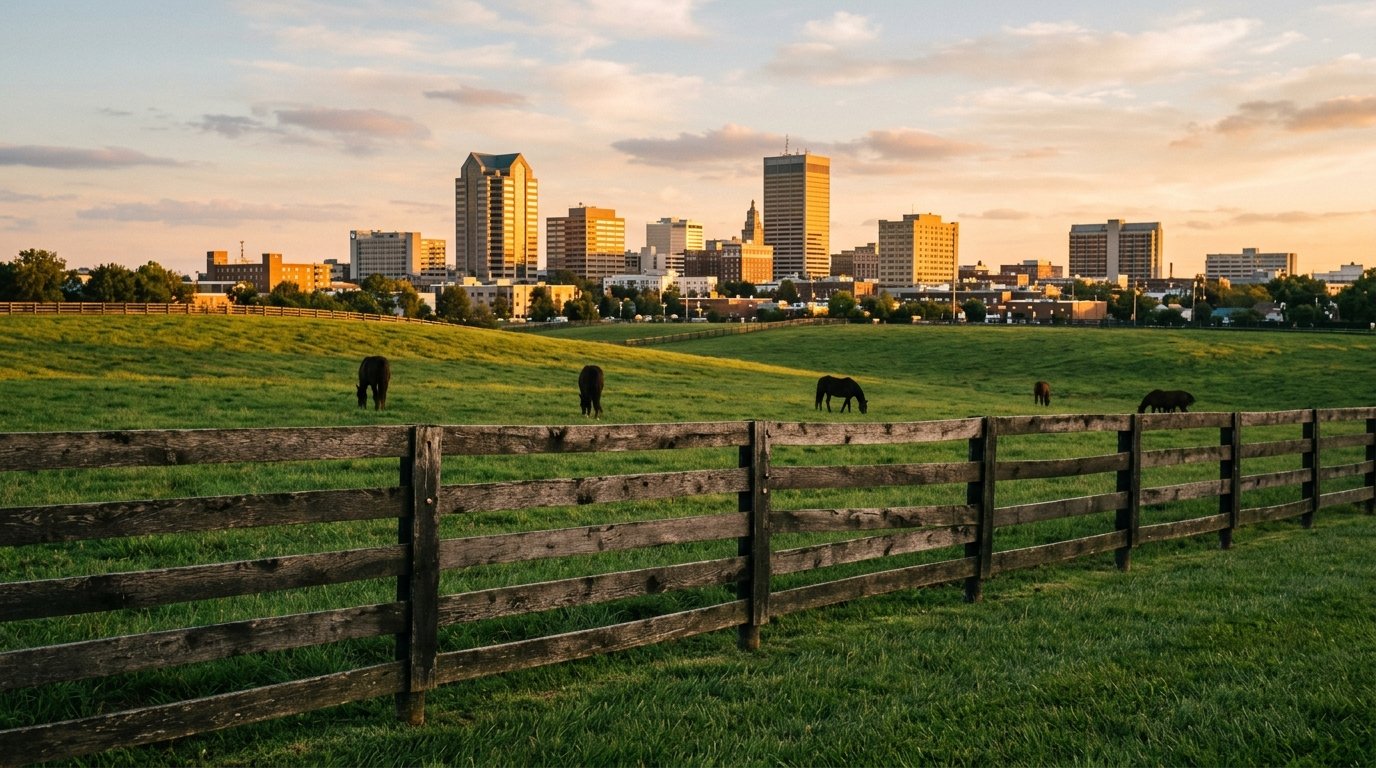 Downtown Lexington Kentucky skyline beyond horse pasture and plank fence