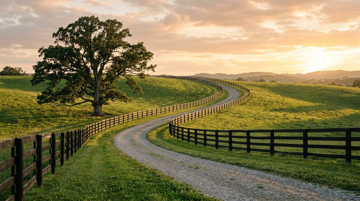 Rolling Bluegrass pasture with black plank fencing at sunset