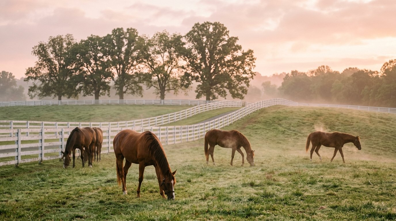 Thoroughbreds grazing at dawn behind white fencing near Lexington