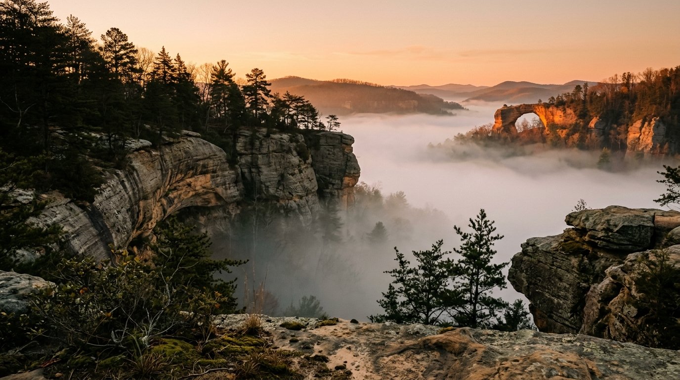 Sandstone cliffs above fog-filled Red River Gorge at sunrise