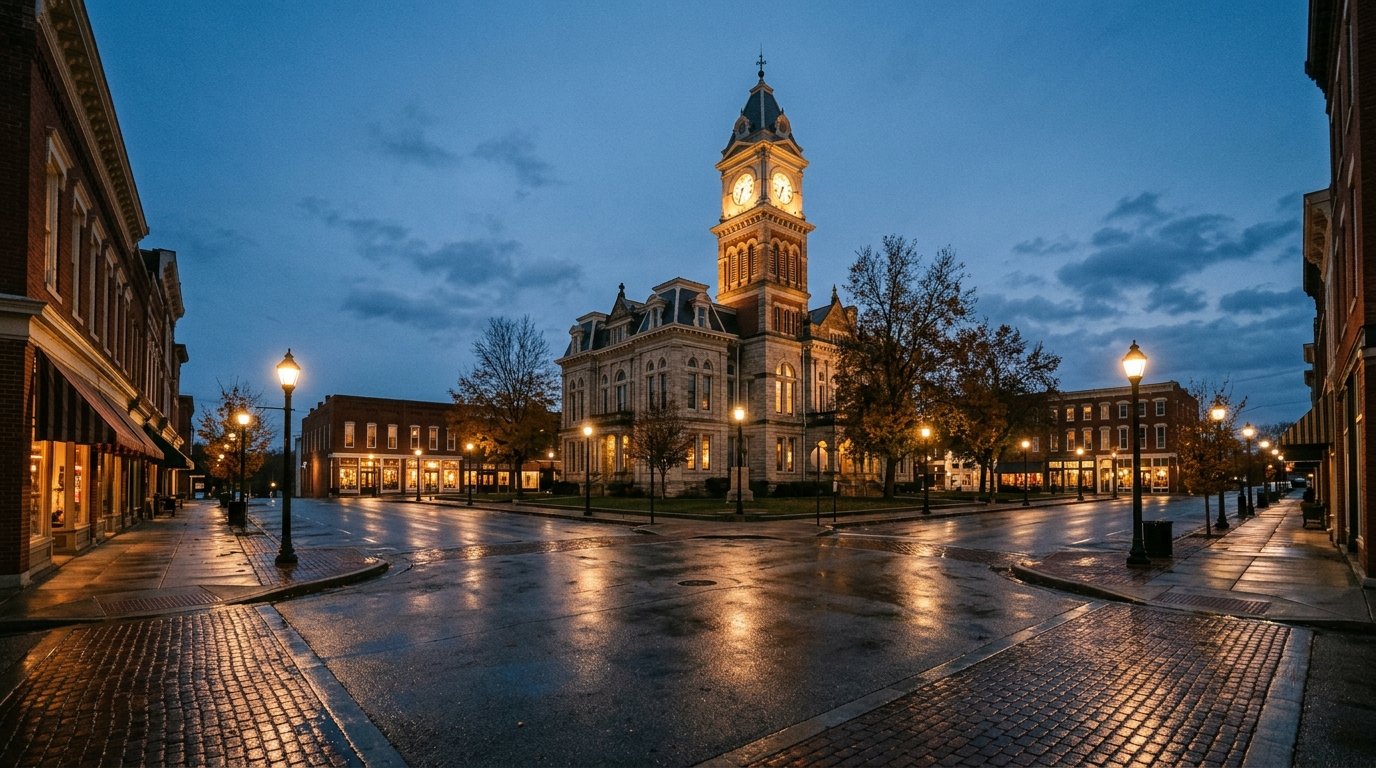 Courthouse square glowing at blue hour