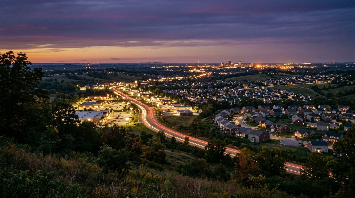US-27 corridor at dusk with city glow on the horizon