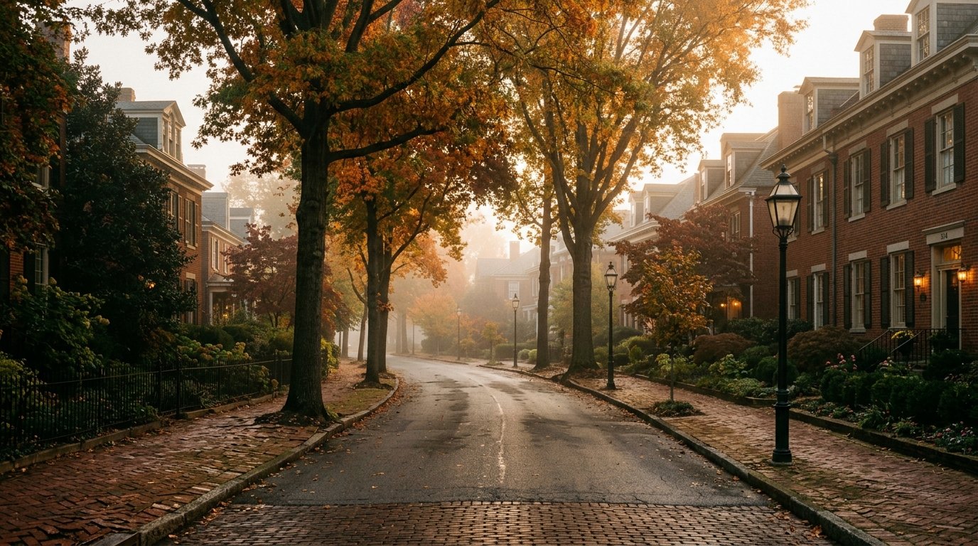 Tree-lined historic Lexington street at dawn