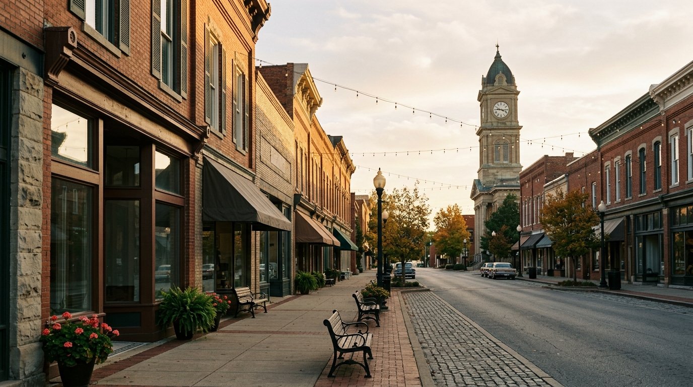 Historic Richmond main street with courthouse tower at golden hour