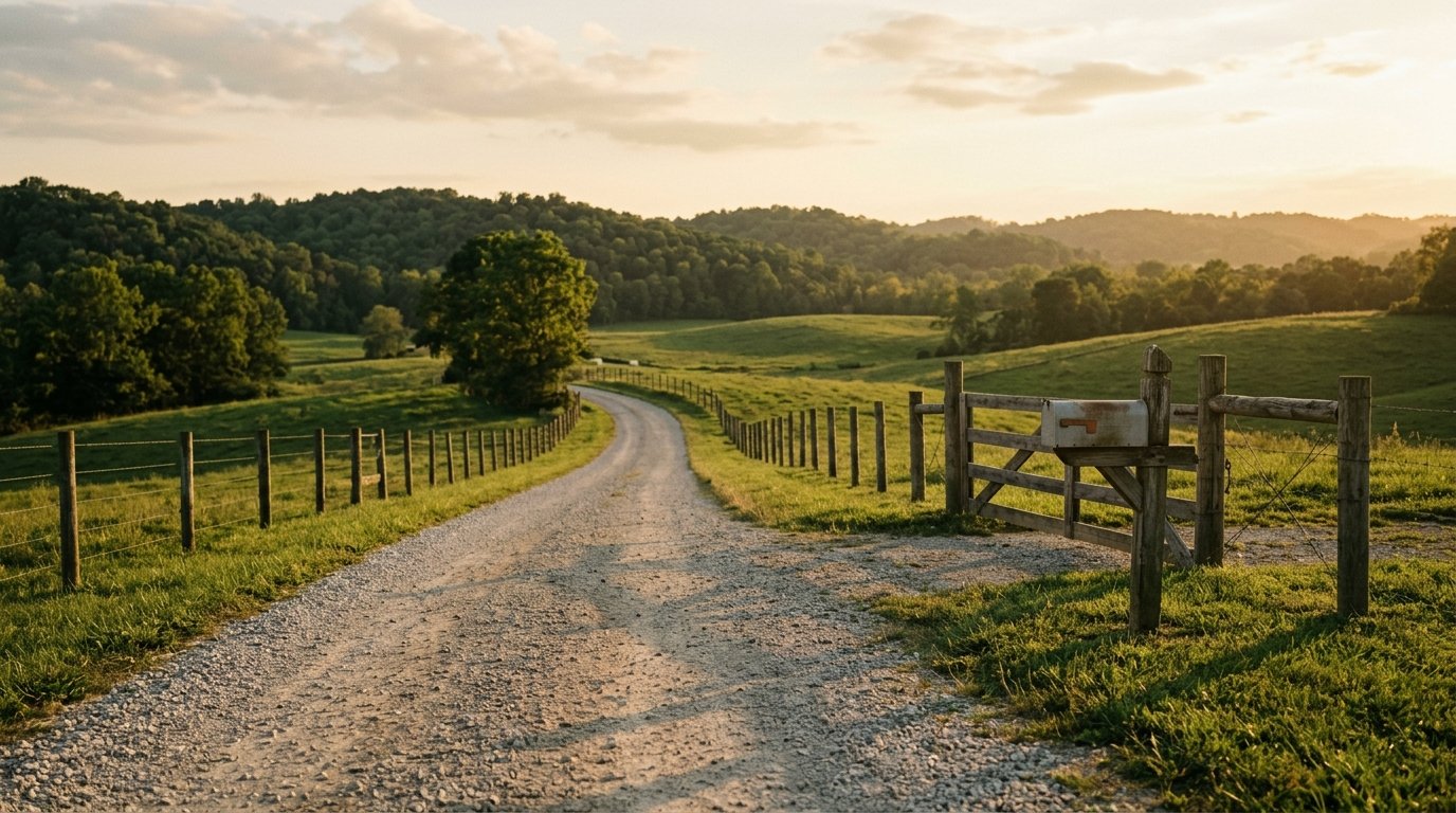 Gravel county road with fence line and farm entrance outside Richmond city limits