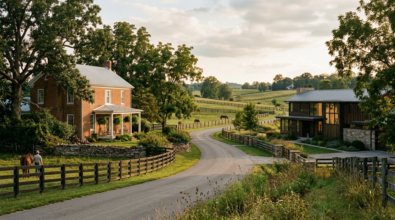 two contrasting Kentucky homes across a street