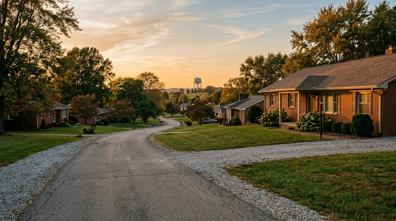 Brick ranch homes on a quiet Central Kentucky street at dusk