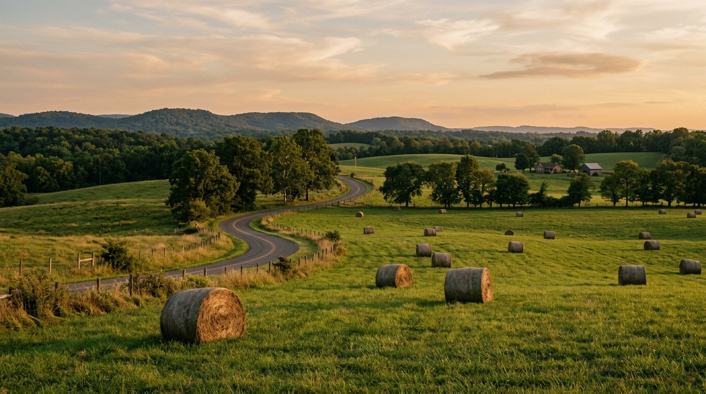 Rolling Madison County pasture with hay bales and wooded foothills in the distance