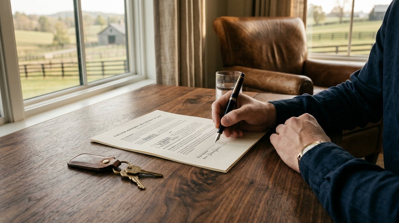 Pen poised over a purchase contract on a wood table