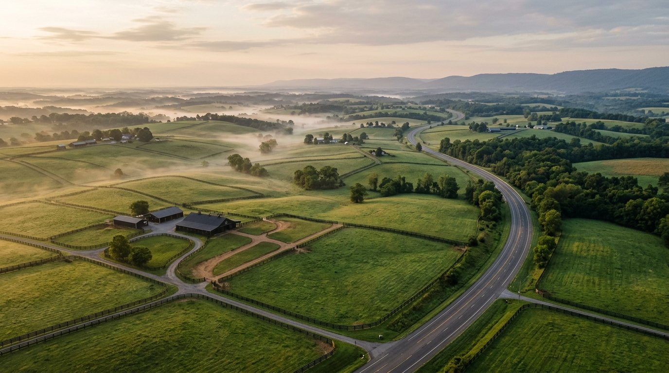 Aerial dawn view of the Bluegrass corridor with horse farms and fog