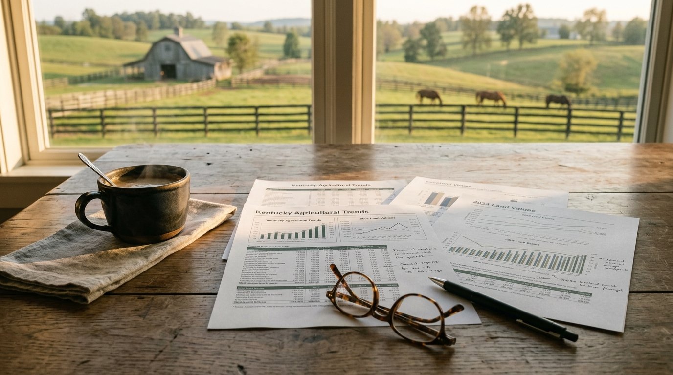 Printed Kentucky market report on a farmhouse table