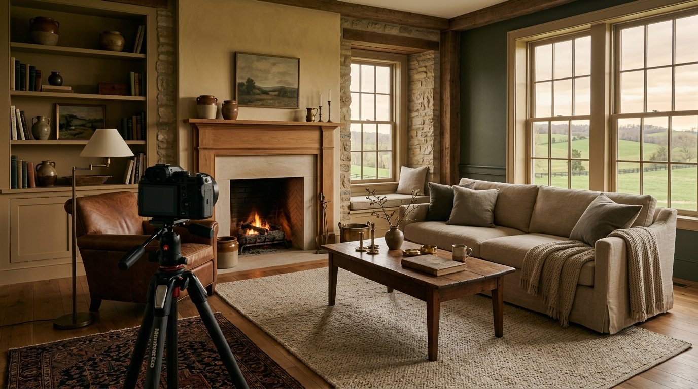 Professional camera on tripod facing a staged Kentucky living room