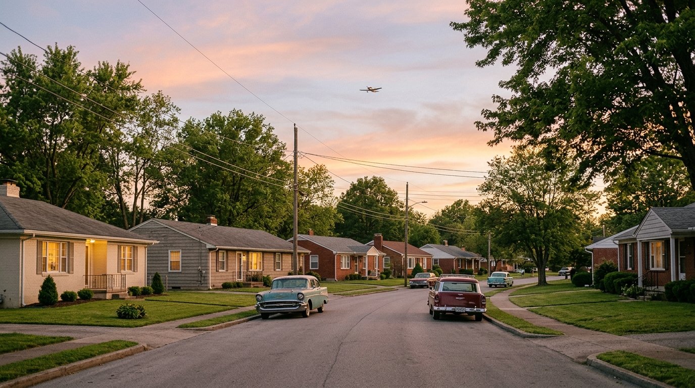 Mid-century ranch street in Meadowthorpe, Lexington, with a distant small plane in the sunset sky