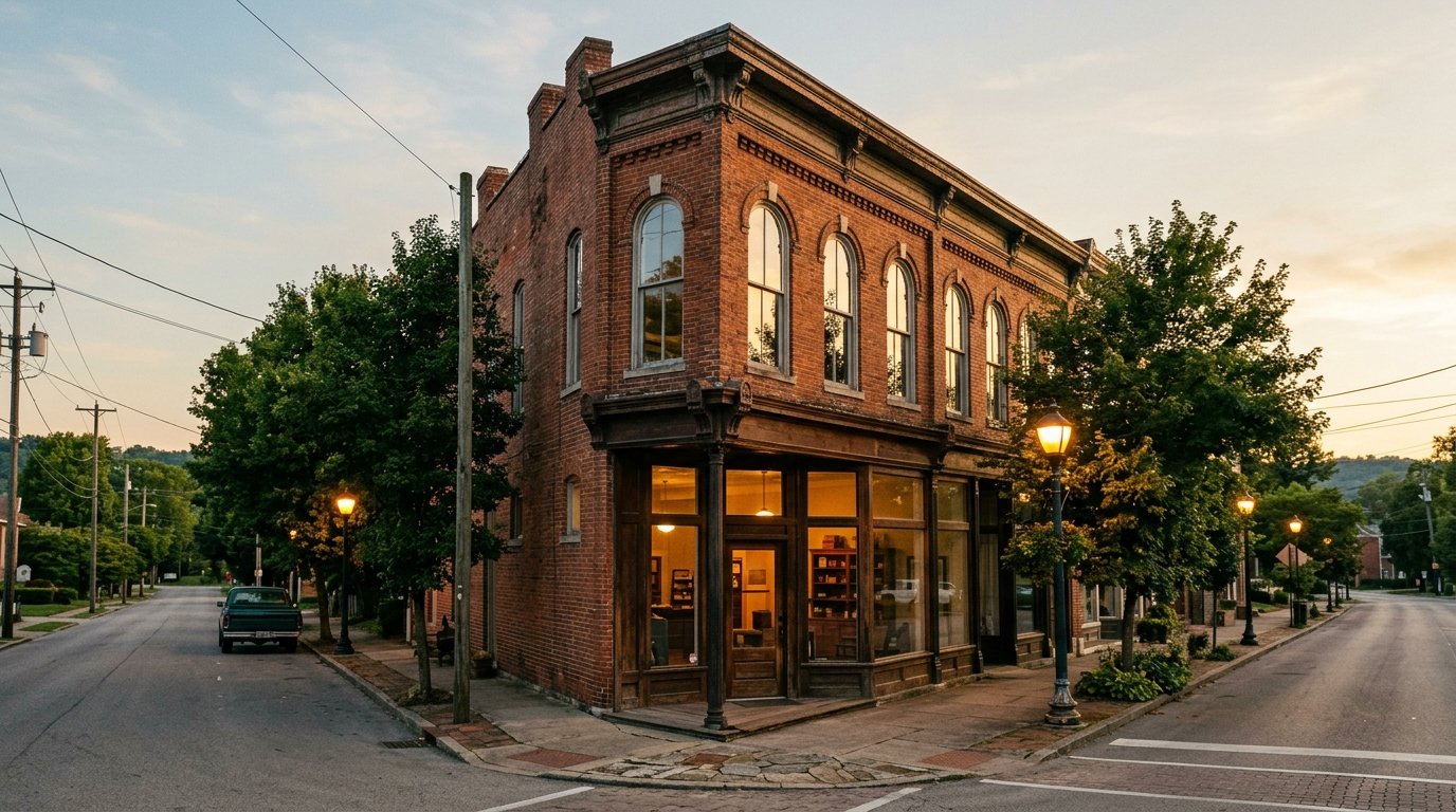 Historic two-story brick building on a Kentucky main street at evening