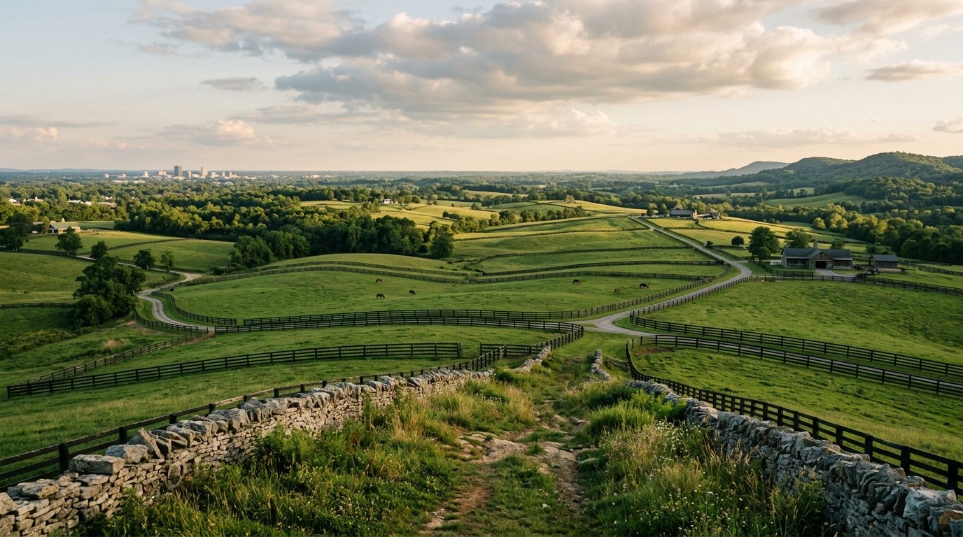 Bluegrass panorama from ridgeline, farmland to distant skyline