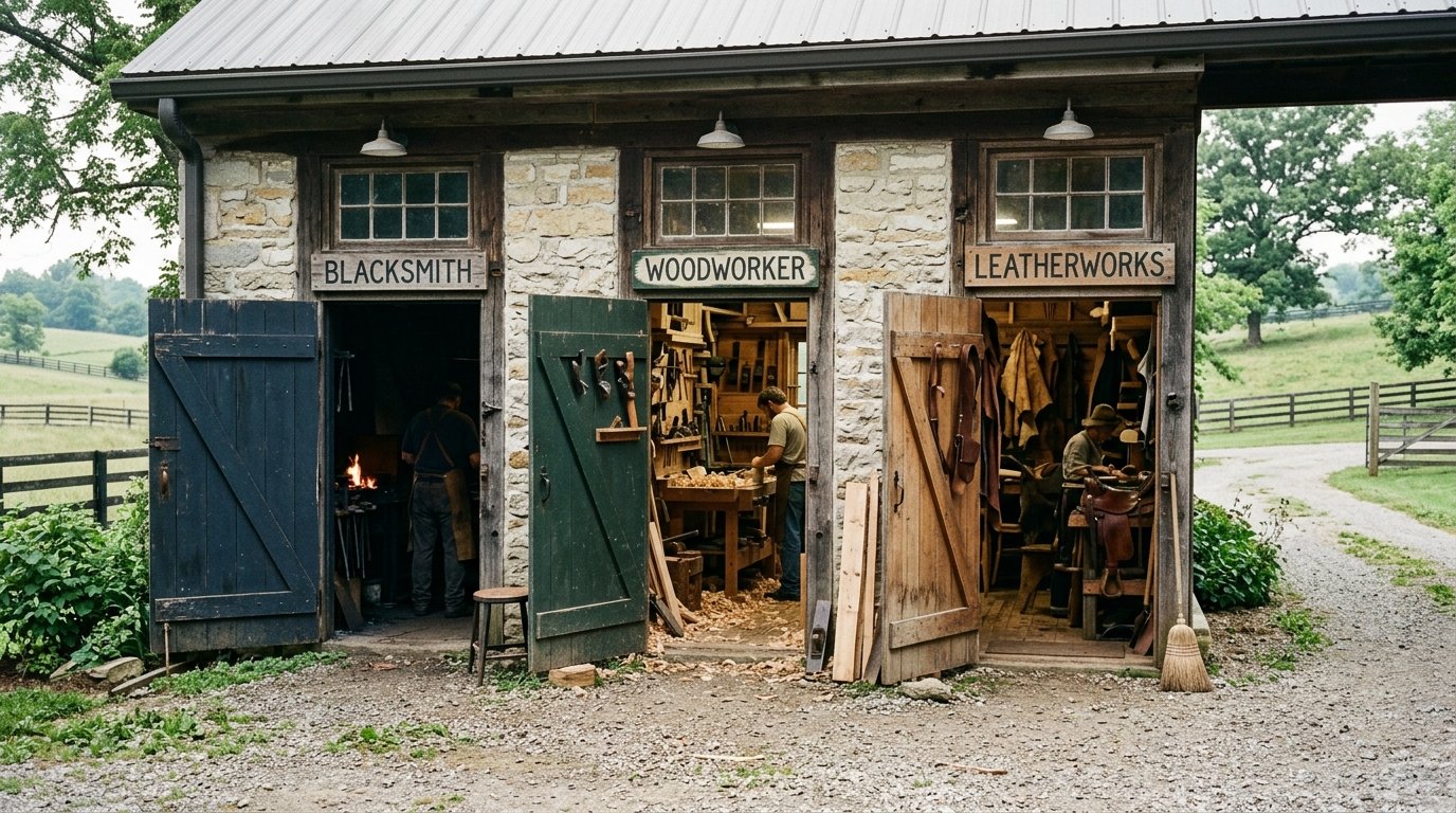 Row of local Kentucky trade workshop doors