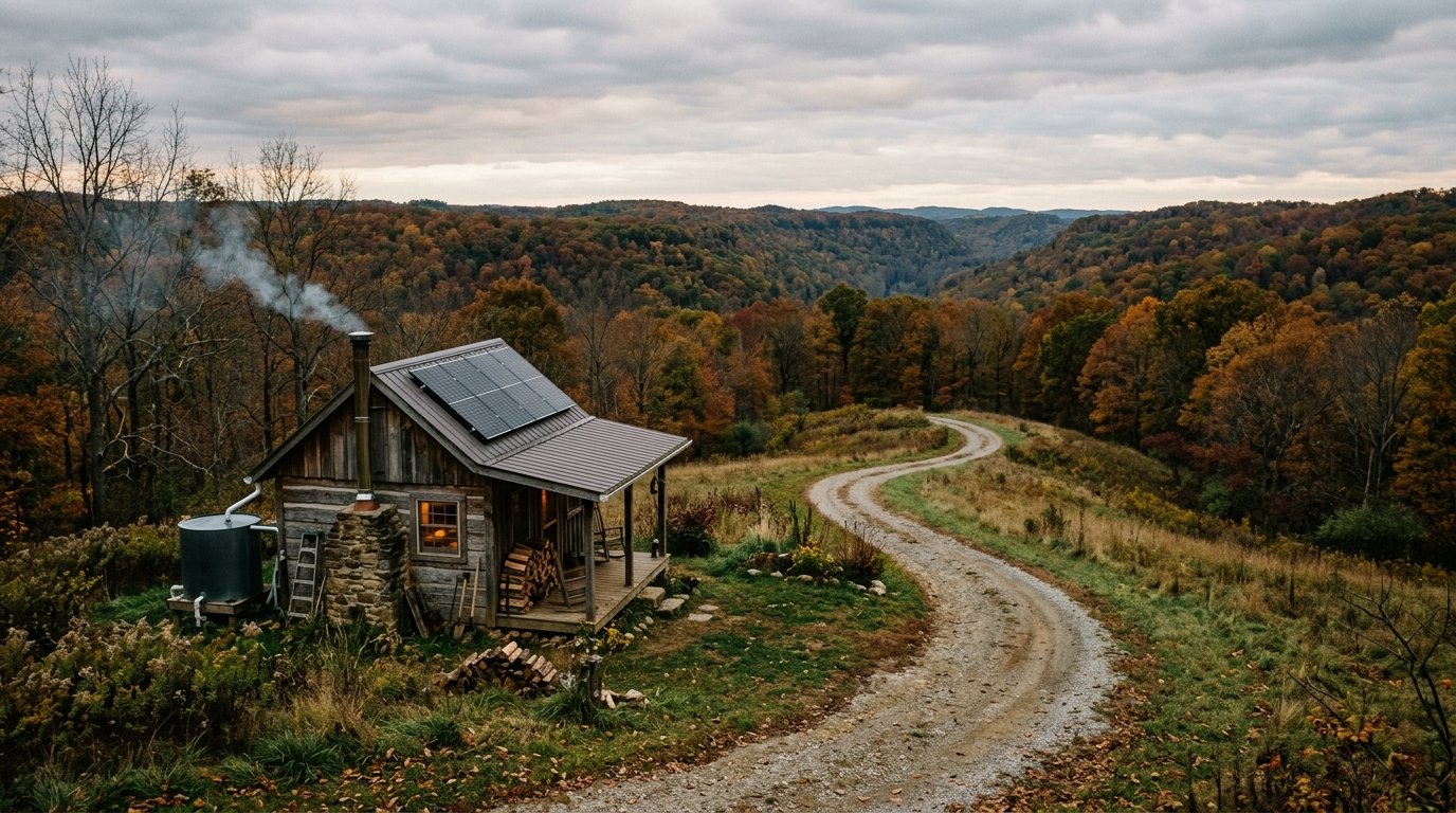 Off-grid cabin with solar panels and cistern on a remote Kentucky ridge