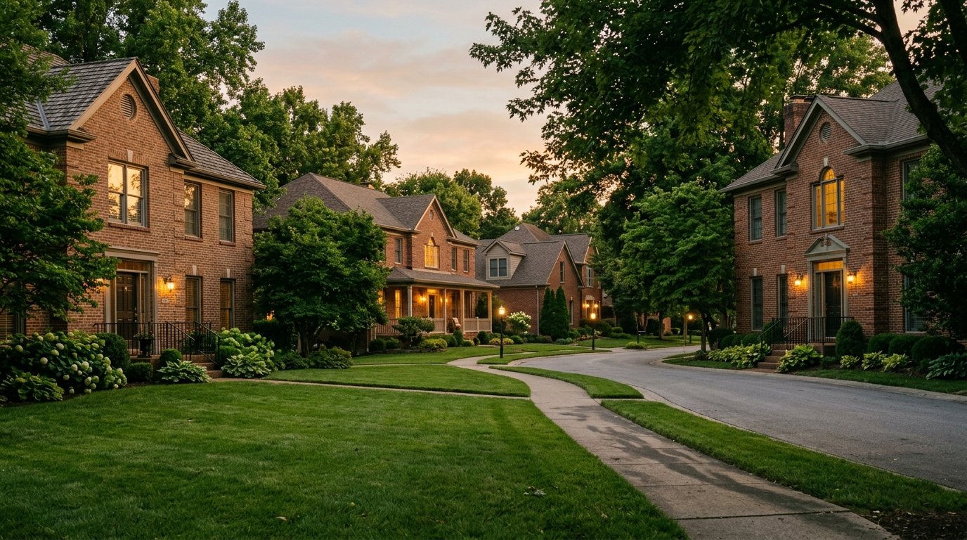 Tree-lined street of brick homes in southwest Lexington at dusk