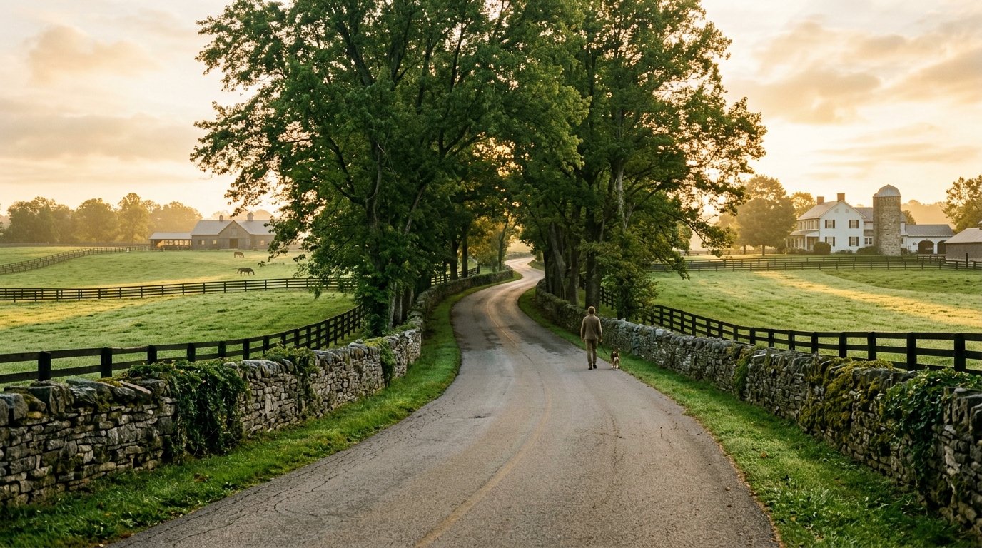 Stone-fenced Paris Pike through Kentucky horse country