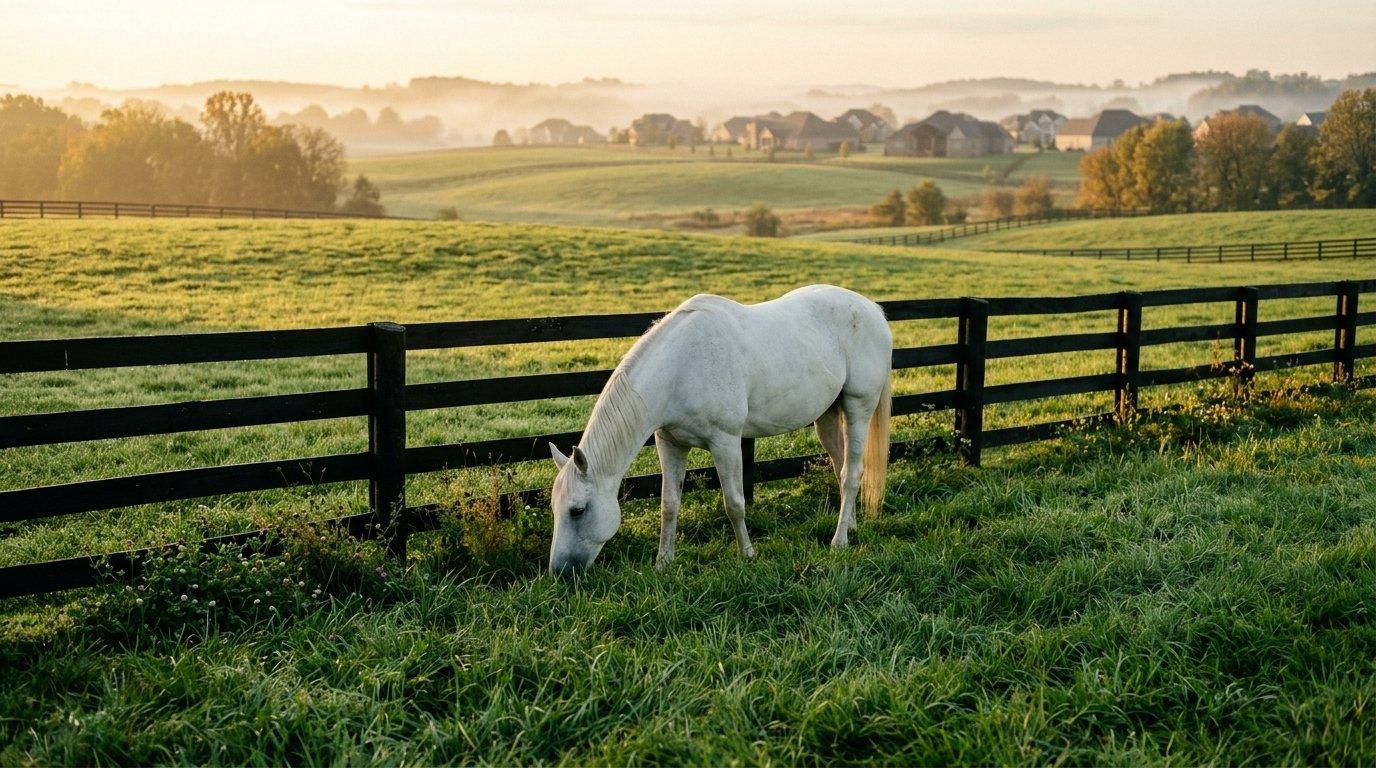 White horse grazing behind plank fencing on former farmland in east Lexington