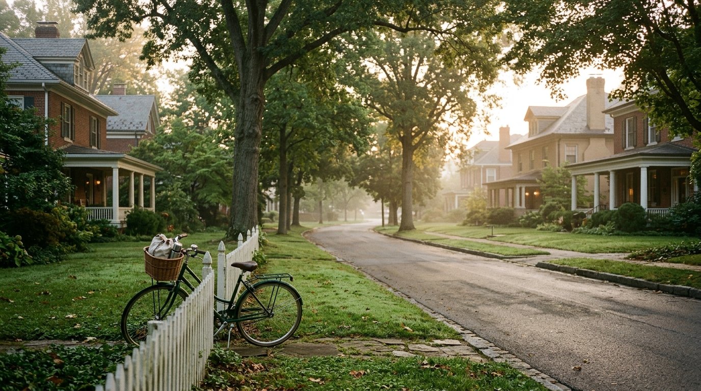 Tree-lined Lexington street of brick homes in dawn mist
