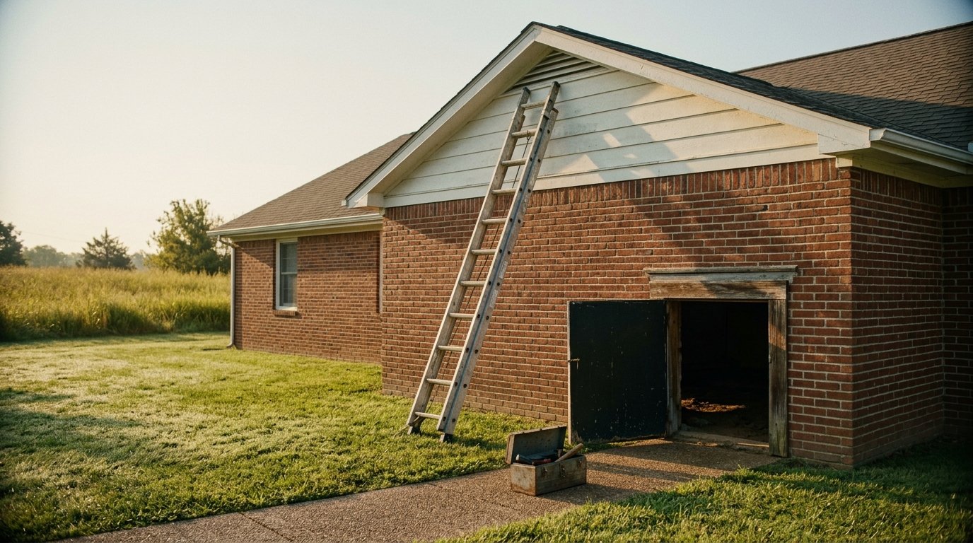 Ladder against a Kentucky brick ranch during a morning inspection