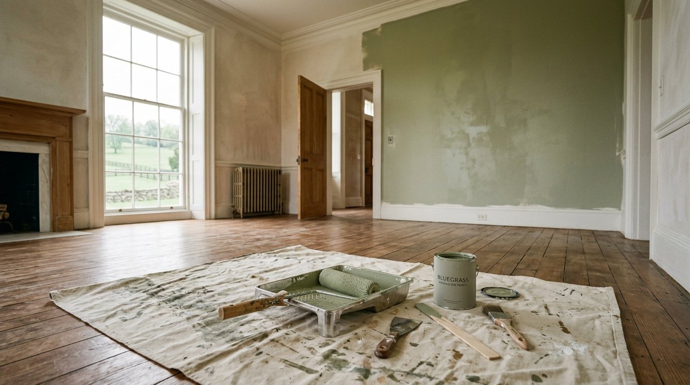Fresh paint roller and tools in a bright empty Kentucky room