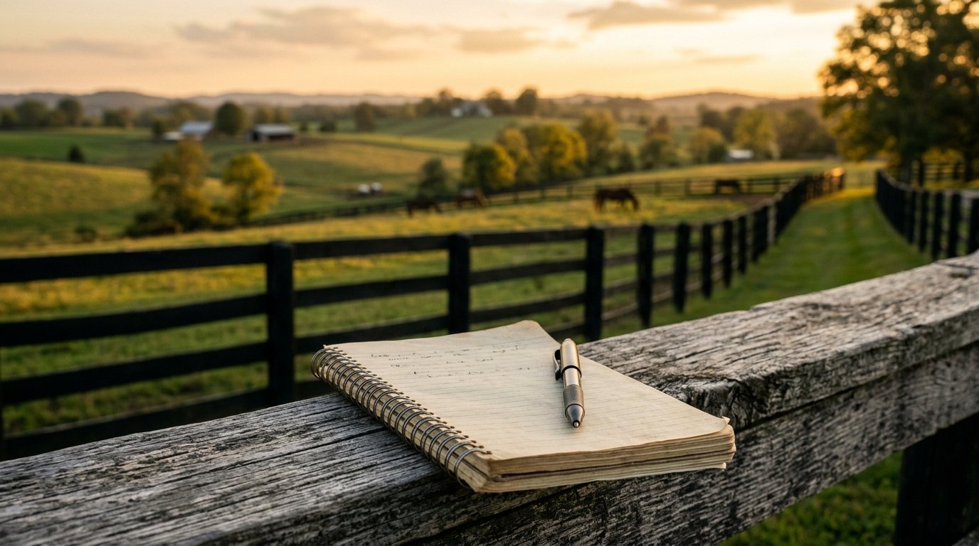 Notebook and pen on a fence rail above Kentucky pasture