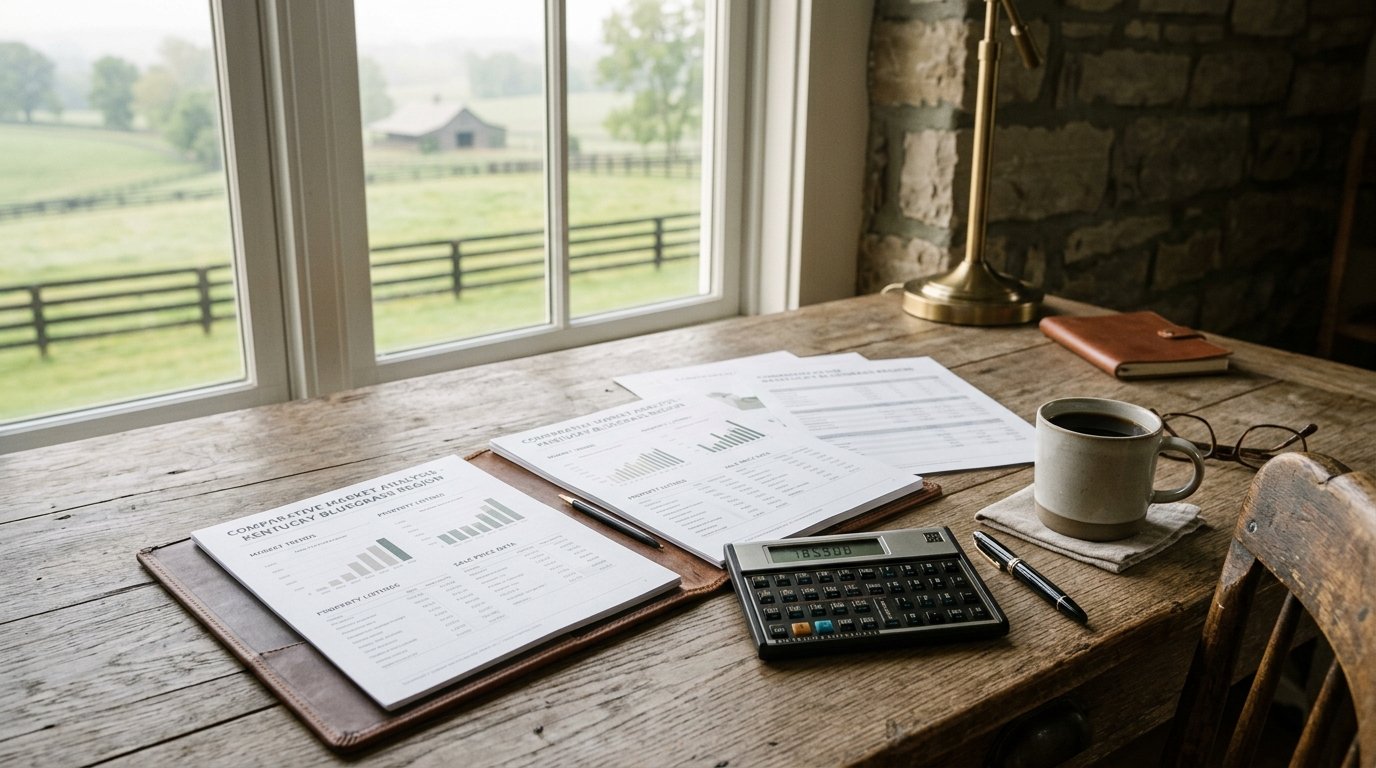 Comparative market documents and calculator on a farmhouse desk