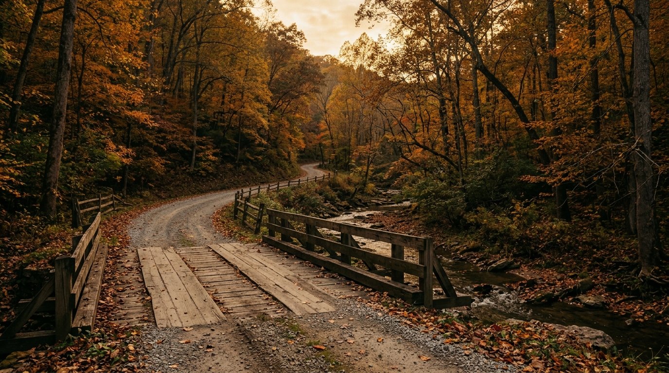 Gravel lane and wooden creek bridge winding through a Kentucky hollow